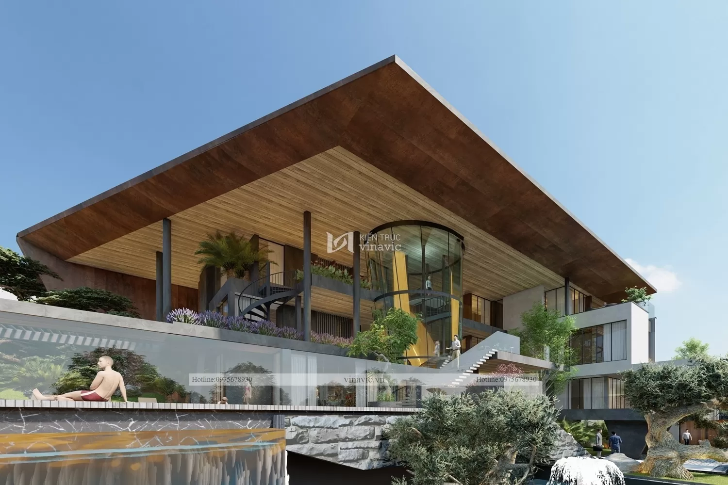 View góc trái mặt tiền biệt thự villa hiện đại dưới ánh sáng tự nhiên