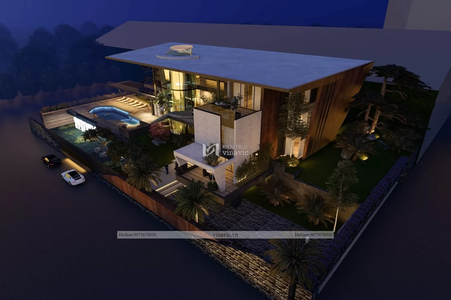 Phối cảnh mặt bên view bao quát sân vườn biệt thự nghỉ dưỡng cao cấp