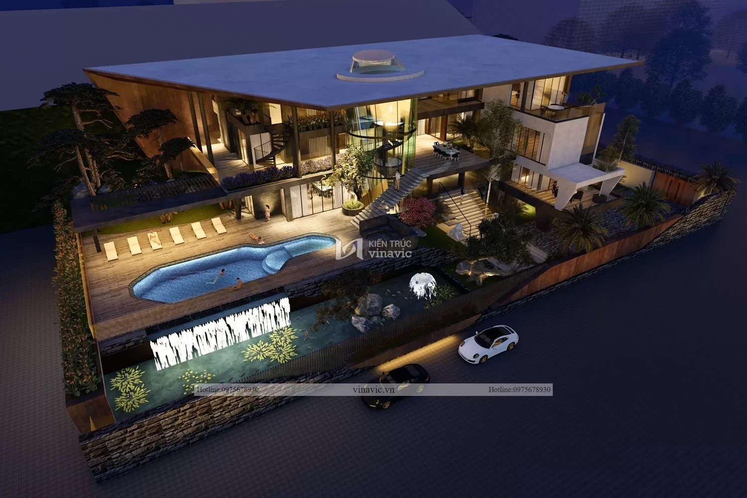 View góc trái trọn vẹn hệ thống thuỷ cảnh trong nhà biệt thự villa nhiều tiện ích