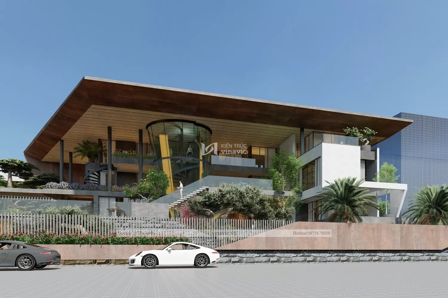 Sử dụng cầu thang lộ thiên mặt tiền biệt thự villa hiện đại 