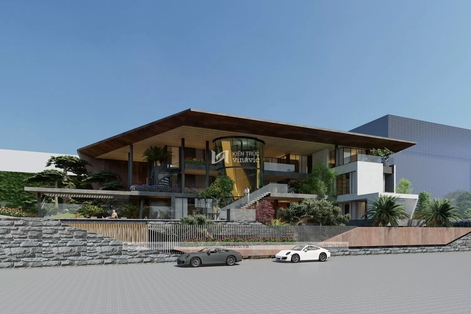 Cảnh tượng người thưởng thức bể bơi mẫu nhà villa sang trọng