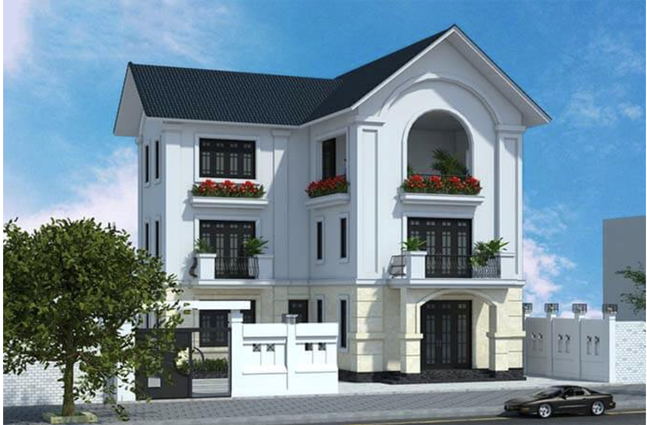 Nhà chữ L mái thái ở nông thôn có hàng rào đẹp