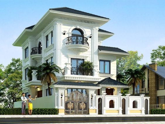 Thiết kế nhà 3 tầng kiểu Pháp dáng chữ L với vòm ban công ấn tượng