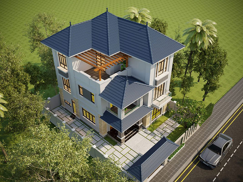 Nhà chữ L nông thôn đẹp cá tính thiết kế nhiều cửa kính