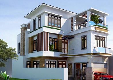 Nhà mái bằng 3 tầng hình chữ L có gara hiện đại ở nông thôn