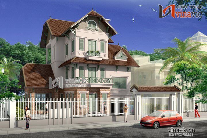 Nhà 3 tầng mái bằng hình chữ L mang nét đẹp mái ngói truyền thống