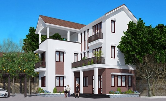 Nhà mái thái 3 tầng 4 phòng ngủ dáng chữ L