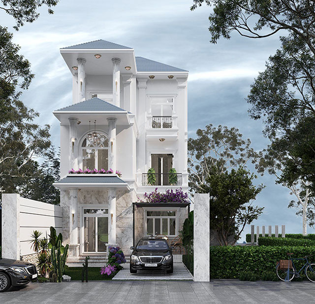 Mẫu nhà hình chữ L đẹp 3 tầng kiểu Pháp lược giản hoạ tiết cầu kỳ