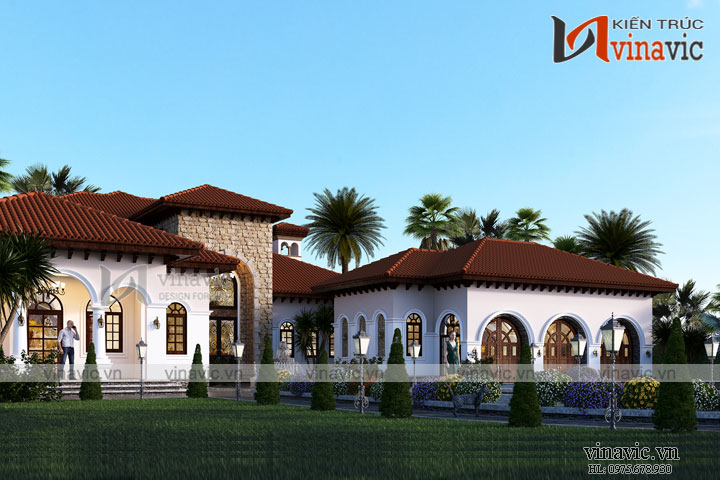 Dinh thự nghỉ dưỡng 1 tầng dáng mái ngói terra đỏ Địa Trung Hải