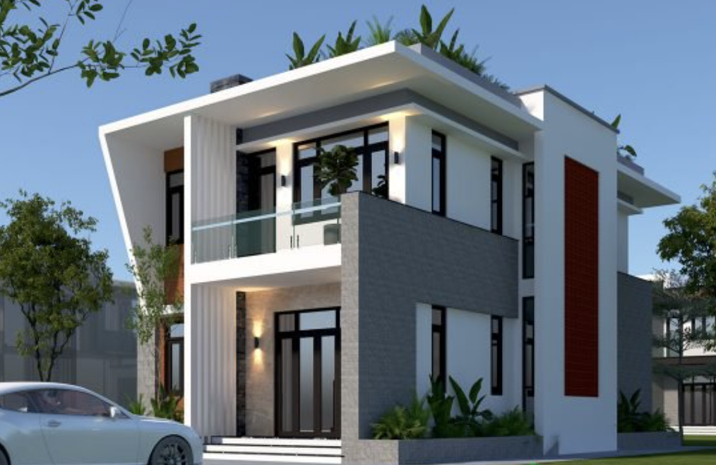 Nhà vuông 2 tầng 4 phòng ngủ mái bằng đẹp cá tính