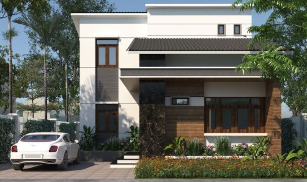 Mẫu nhà 2 tầng dưới 1 tỷ có mái bằng và sân vườn tận dụng đậu xe