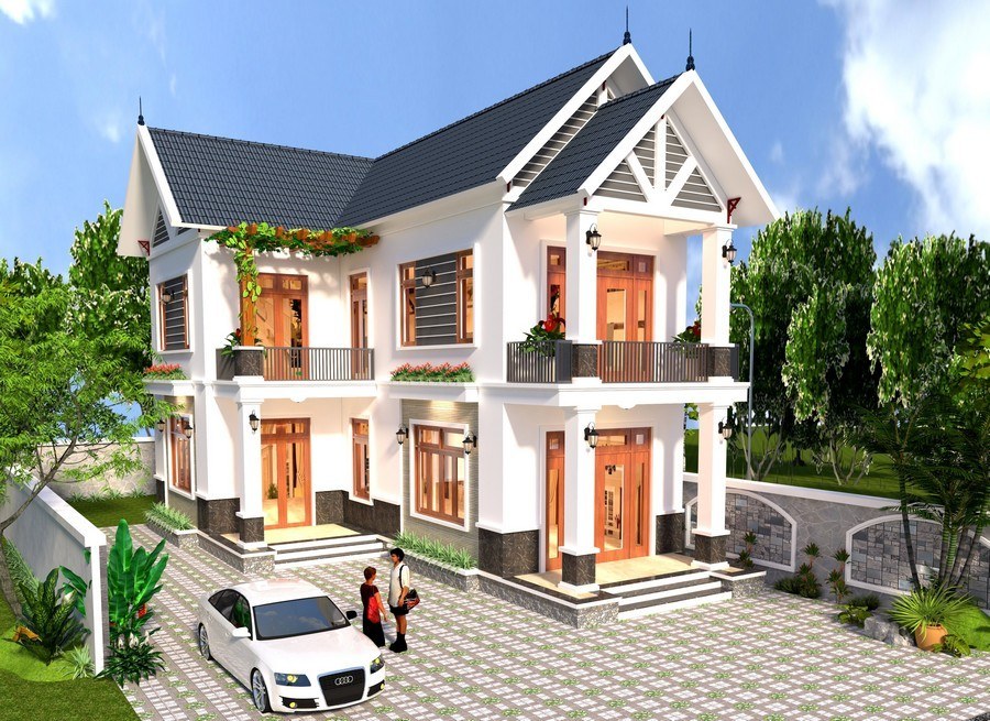 Nhà chữ L 2 tầng 4 phòng ngủ có mái thái và hệ cửa khung gỗ đẹp mộc mạc