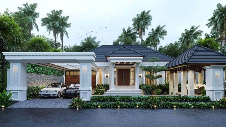Nhà vườn chữ L 150m2 có hành lang dẫn vào tiền sảnh và thiết kế gara khuyết tường