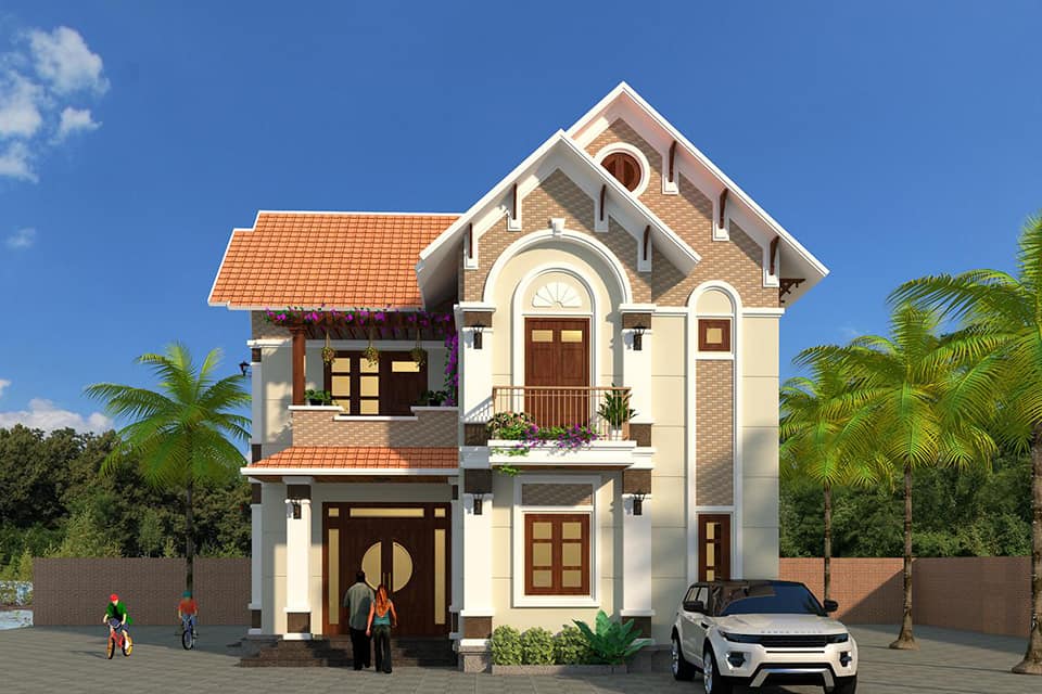 Nhà chữ L có sân vườn rộng và cửa đối xứng phong cách Á - Âu