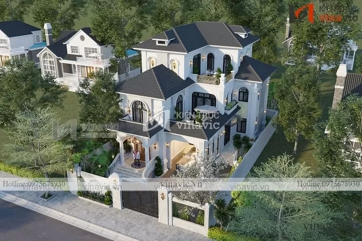 Nhà hình chữ nhật 3 tầng 160m2 mặt tiền 13m phong cách tân cổ điển BT2111