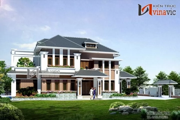 Mẫu nhà 2 tầng 1 tum mái thái đẹp kích thước 12mx18m hiện đại BT1503