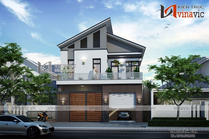 Thiết kế nhà đẹp 2 tầng có 4 phòng ngủ dáng mái lệch thời thượng