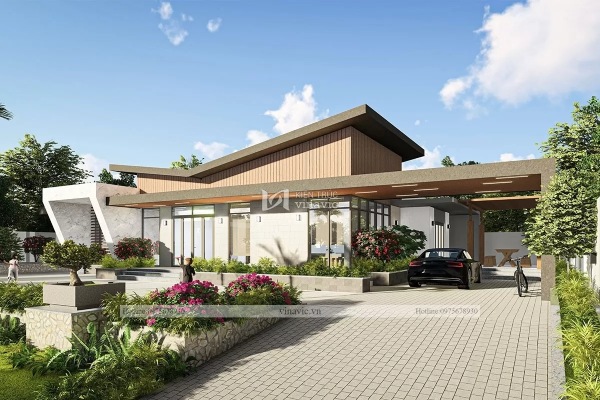 Biệt thự 1 tầng mái lệch có gara đẹp