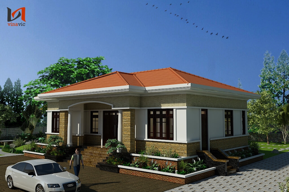 Nhà 1 tầng dáng hình vuông ở nông thôn có sân vườn rộng