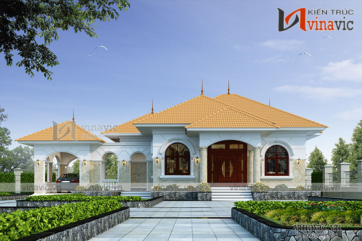 Phối cảnh mặt tiền nhà 1 tầng mái ngói màu vàng gợi tưởng kiến trúc chùa Thái Lan