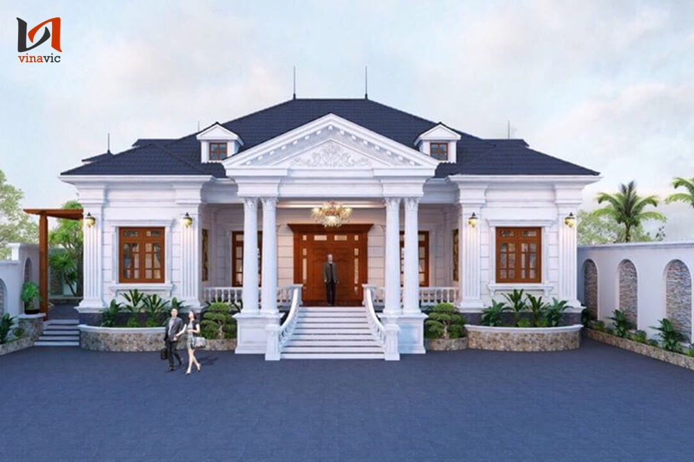 Biệt thự tân cổ điển 1 tầng ở nông thôn nổi bật với kết cấu nâng sàn và hệ bậc dẫn tiền sảnh