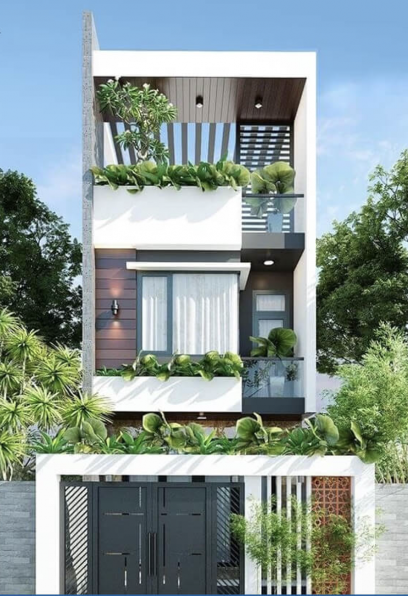 Biệt thự mái bằng thiết kế vườn treo trên ban công, cổng chính phủ xanh không gian