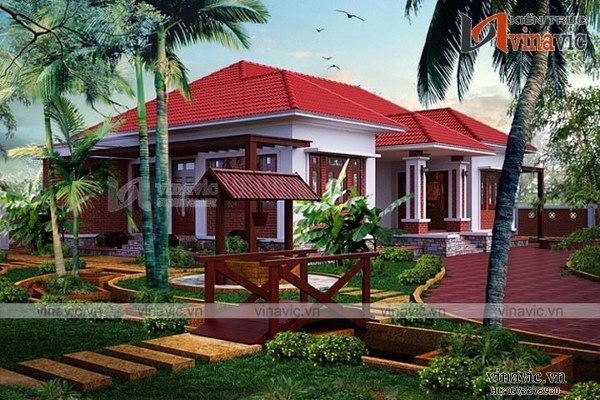 Biệt thự vườn 1 tầng 150m2 với hệ thống tiểu cảnh truyền thống như ao, đình, cầu,...