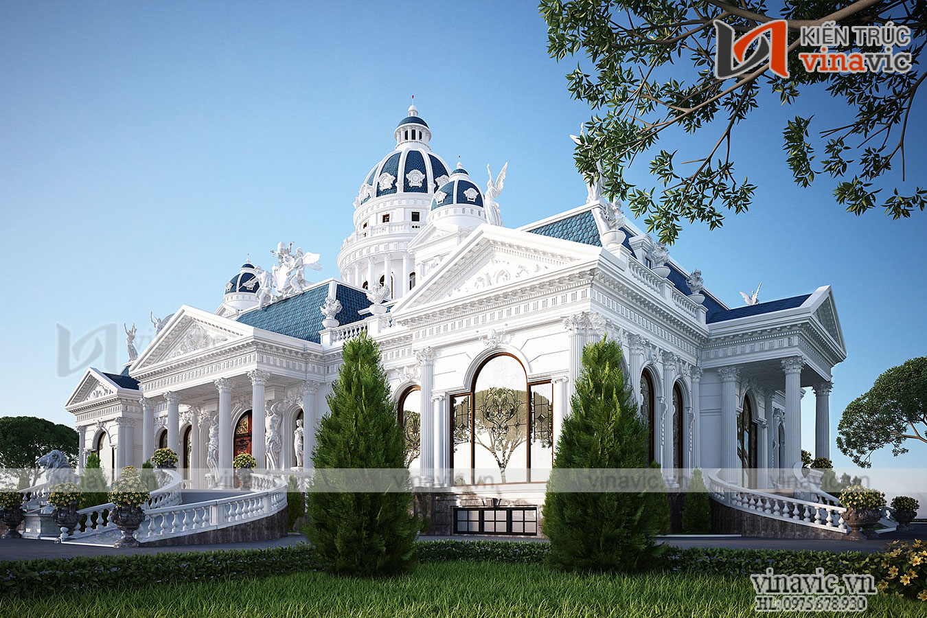 Thiết kế dinh thự 1 tầng đẹp cổ điển với sân cỏ được tỉa tót cẩn thận