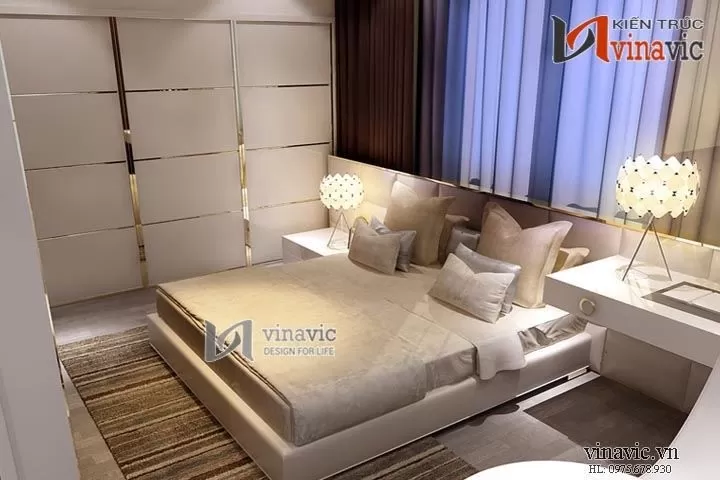 Phòng ngủ chung cư 75m2 tone trắng tinh khôi NTC1419