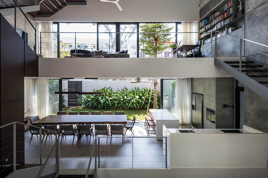 Bên trong mẫu nhà phố không cột thiết kế thông tầng không gian thông thoáng