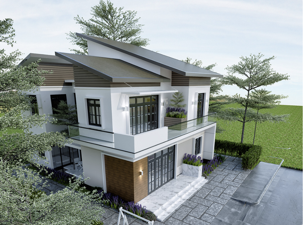Thiết kế nhà 2 tầng mái tôn không cột đẹp hiện đại 