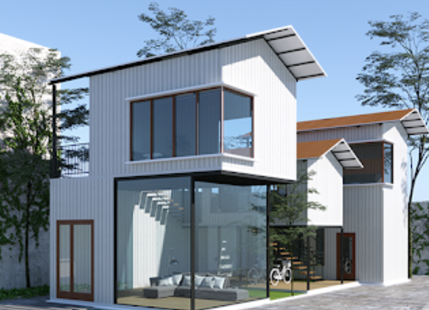 Mẫu nhà mái tôn thiết kế vách kính độc đáo