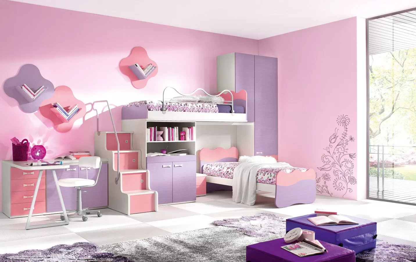 Phòng ngủ kết hợp hai màu sơn hồng - tím cá tính 