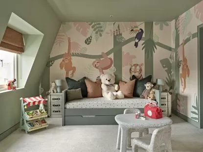 Phòng ngủ màu sơn xanh pha xám cho bé trai và bé gái