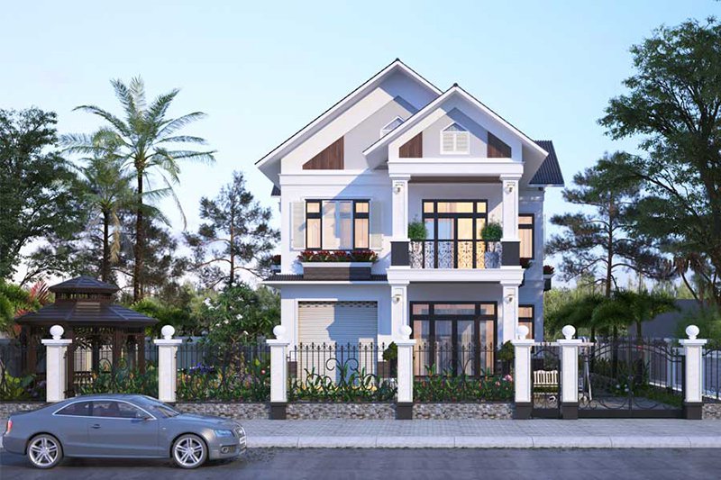 Mẫu nhà hướng Tây 2 tầng có cổng rào ấn tượng