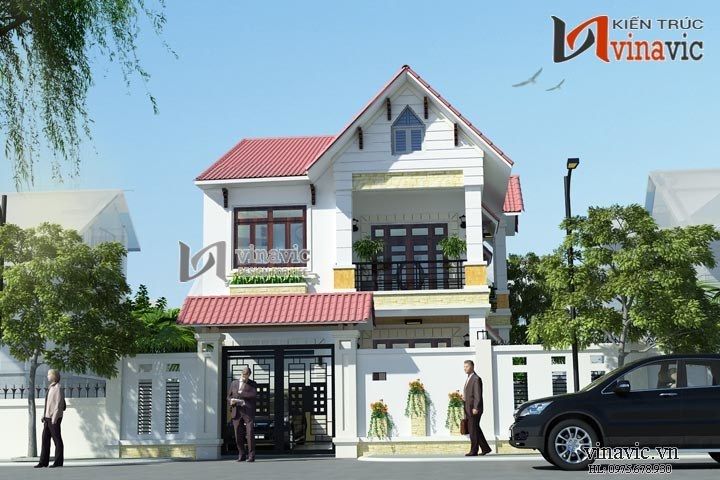 Mẫu nhà 2 tầng mái thái mặt tiền 8m đẹp sắc sảo với hệ cổng đúc sang trọng