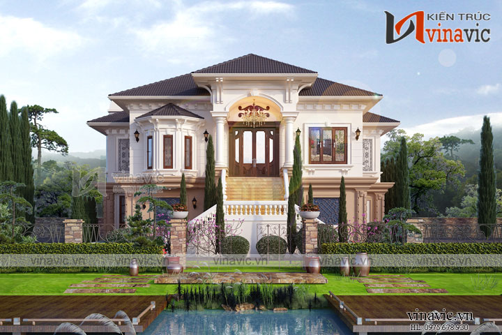 Biệt thự tân cổ điển 2 tầng có ao chữ nhật đẹp đầy đặn