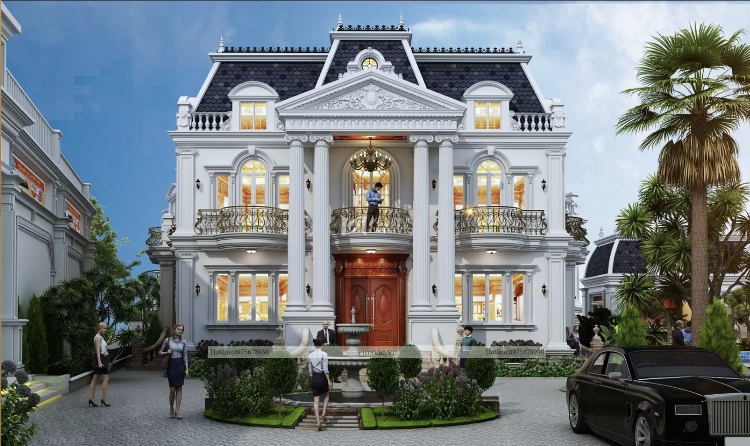 Khối nhà chính được thiết kế theo phong cách biệt thự 2 tầng đẹp kiểu Pháp