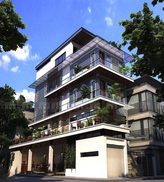 Mẫu nhà phố 2 mặt tiền trước sau ở góc đường kinh doanh cà phê