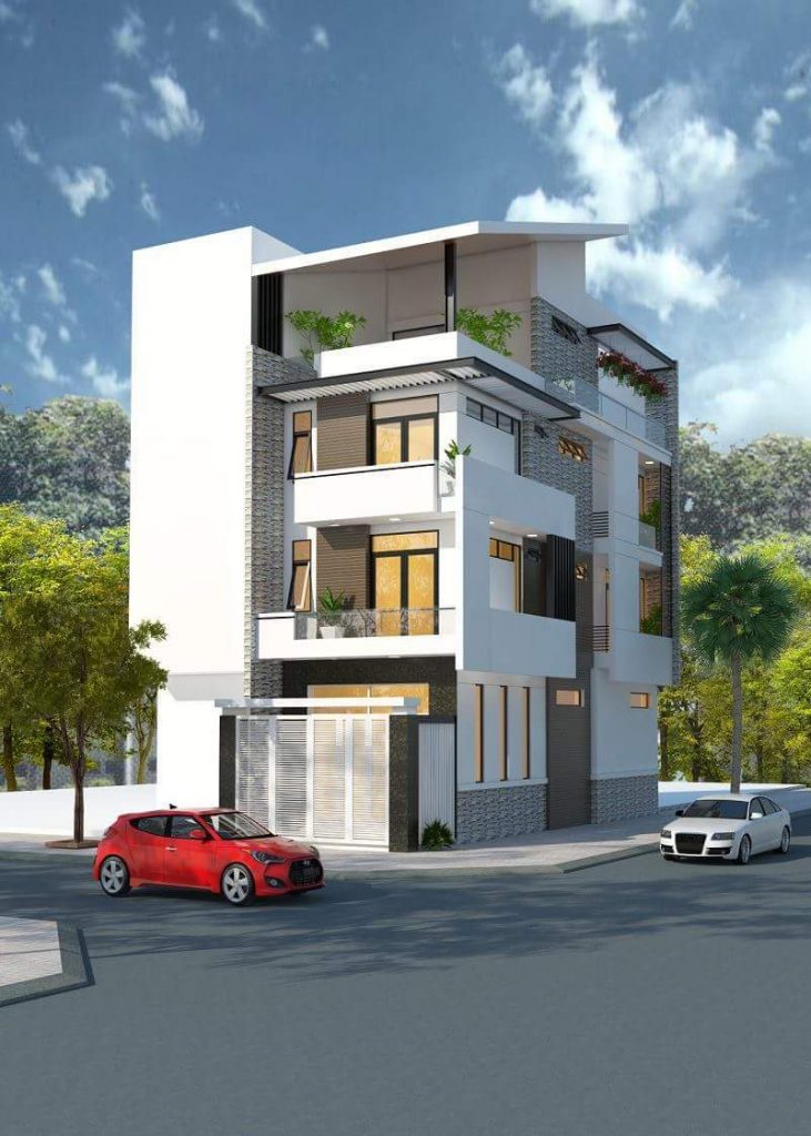 Thiết kế nhà phố 2 mặt tiền thông tầng ở trên cao