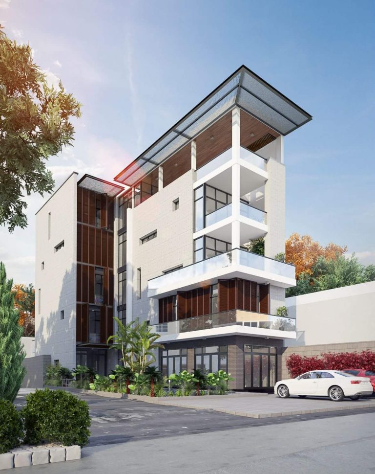 Mẫu nhà 5 tầng xây thông tầng mặt tiền kết hợp kinh doanh khách sạn