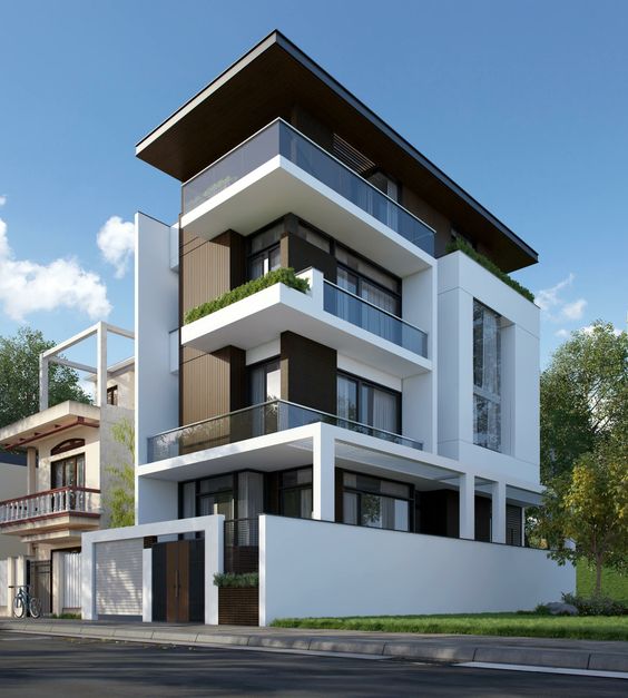 Thiết kế nhà 4 tầng 2 mặt tiền trước sau sử dụng nhiều vách kính