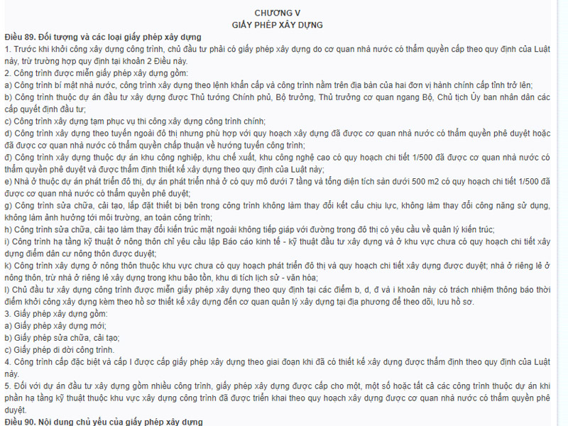 Khoản 2 Điều 89 Chương V Luật Xây dựng Số- 50/2014/QH13 về việc miễn giấy phép xây dựng