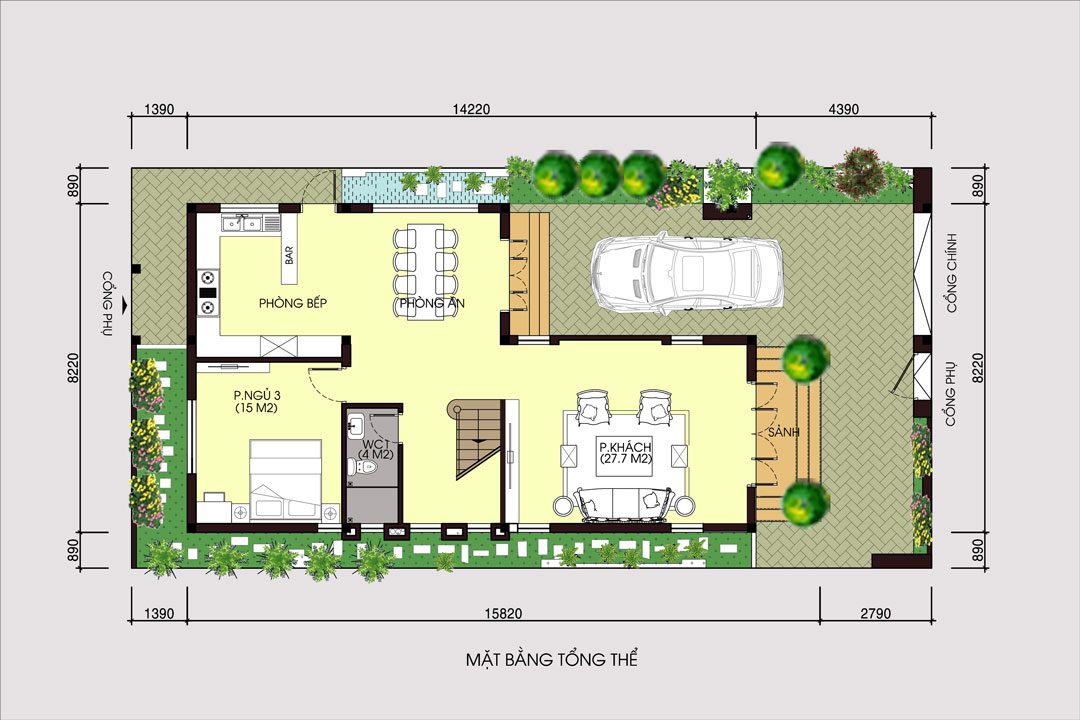 Bản vẽ nhà chữ L 3 tầng 8m mặt tiền với tổng thể sân vườn trù phú có chỗ để xe