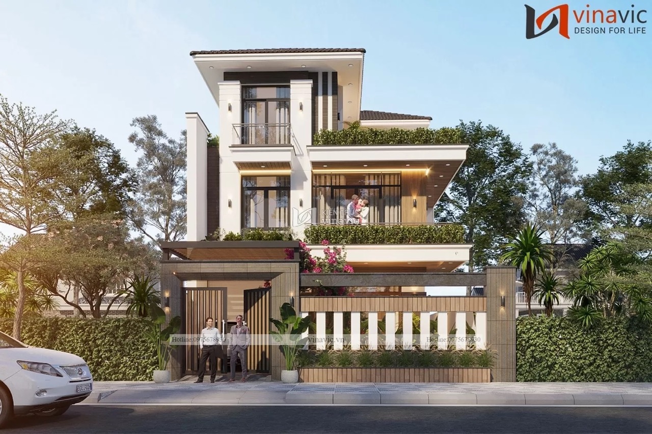 Biệt thự 3 tầng đẹp cá tính được trang trí nhiều cây xanh ngoại thất