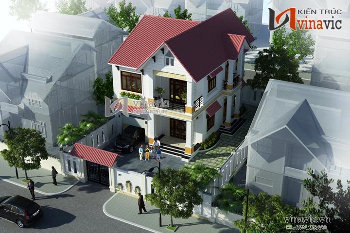 Biệt thự mái chữ A rộng ấn tượng với khuôn viên sân trước rộng