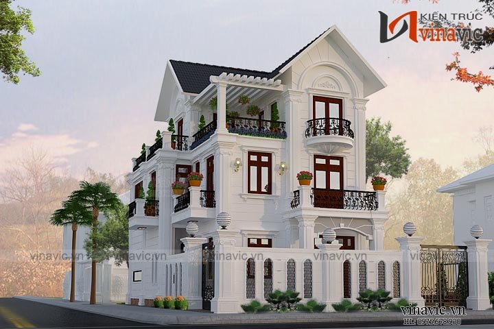 Mẫu nhà kiểu Pháp 3 tầng 5 phòng ngủ với hệ ban công trang trí hoa sắt mềm mại
