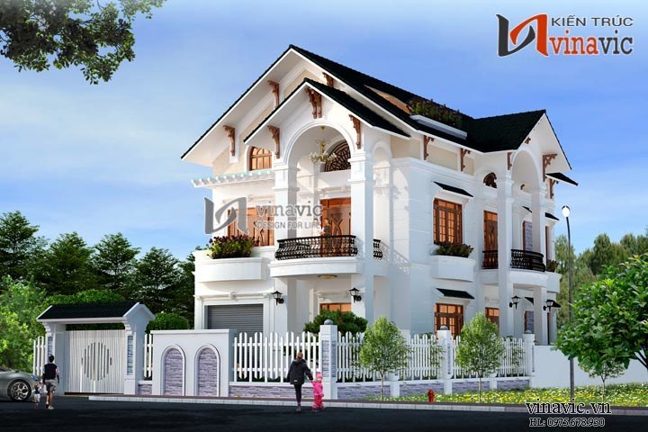 Mẫu nhà kiểu châu Âu cổ điển với hệ cửa lớn công năng 4 phòng ngủ