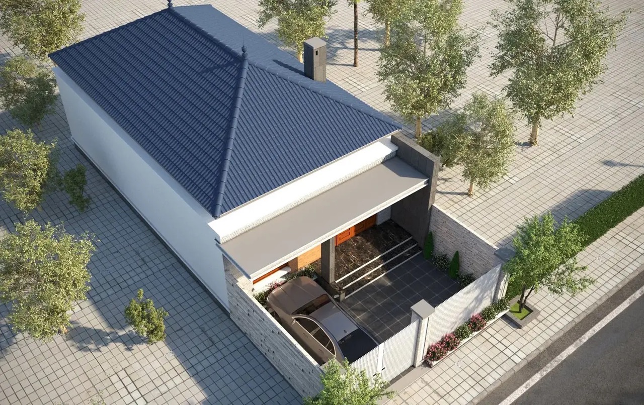 Mặt bằng phối cảnh nhà cấp 4 chiều dài 14m có sân trước làm chỗ để xe