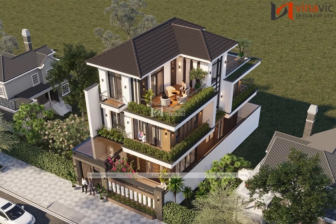 Toàn cảnh biệt thự mái thái 3 tầng kích thước 8mx14m